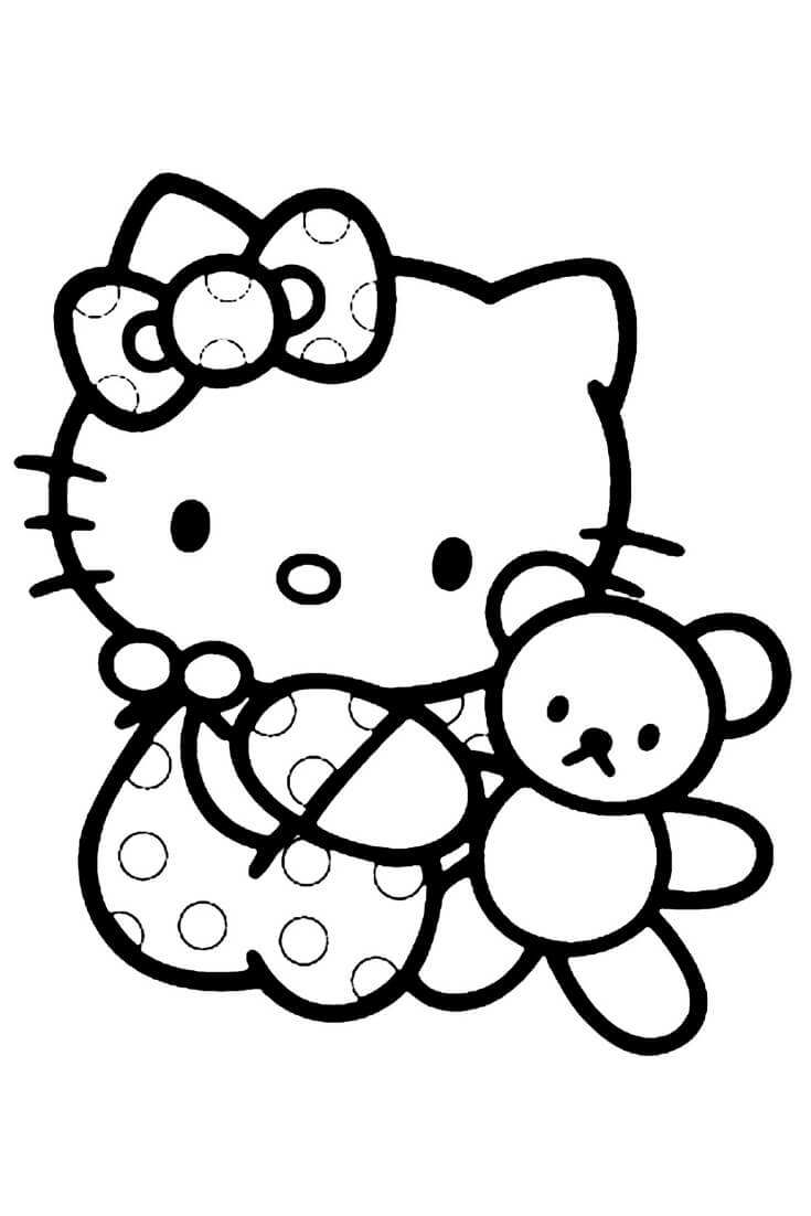 Dibujo de Hello Kitty con Osito de Peluche para Colorear