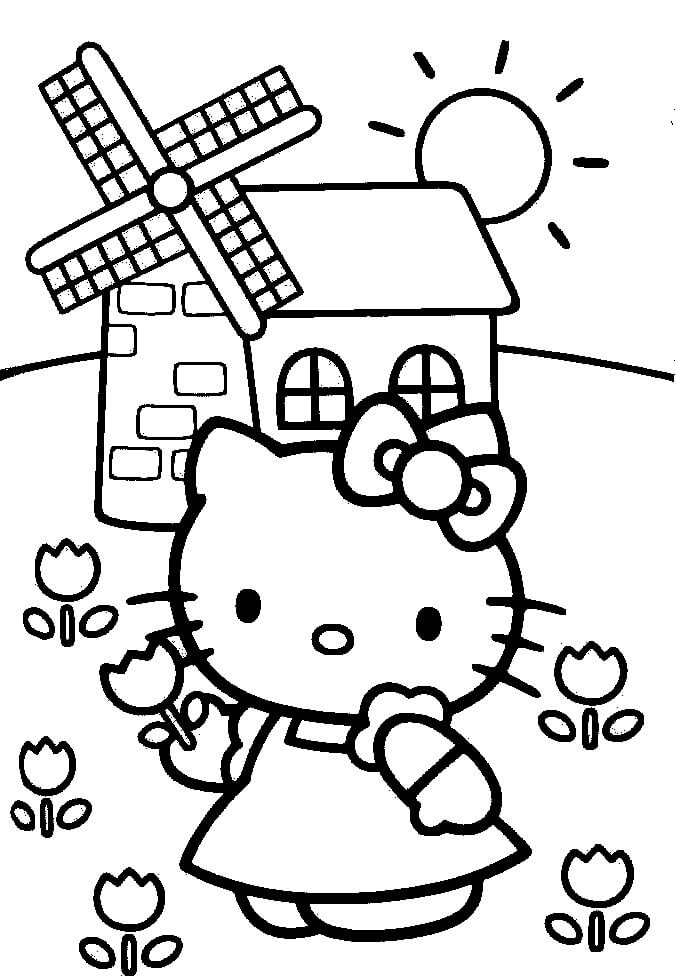 Dibujo de Hello Kitty en el jardín de Flores para Colorear