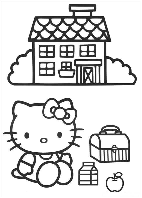 Dibujo de Hello Kitty Sentada Afuera de la Casa para Colorear