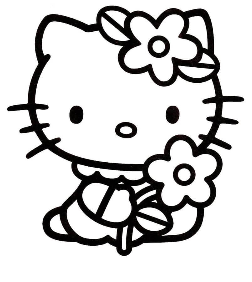 Dibujo de Hello Kitty Sosteniendo Flor para Colorear
