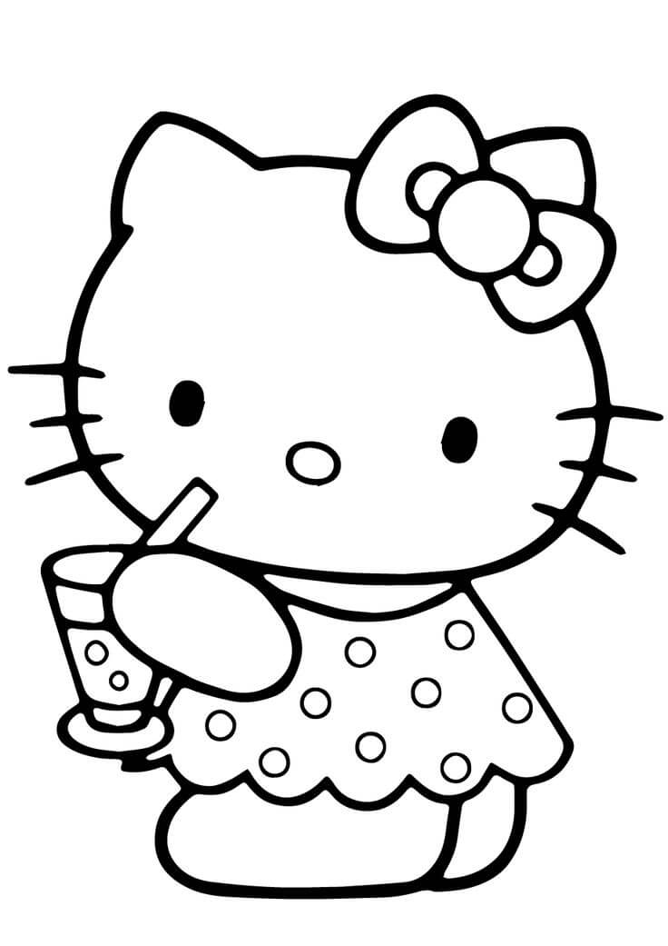 Dibujo de Hello Kitty Sosteniendo un Vaso de Agua para Colorear