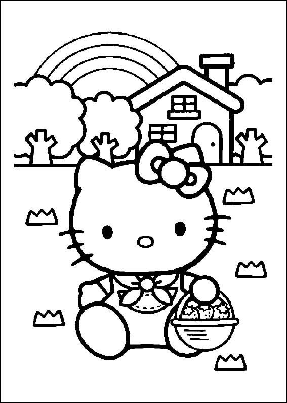 Dibujo de Hello Kitty Sosteniendo una Bolsa de Frutas para Colorear