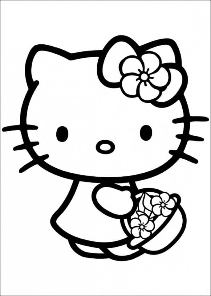 Dibujo de Hello Kitty Sosteniendo una Canasta de Flores para Colorear