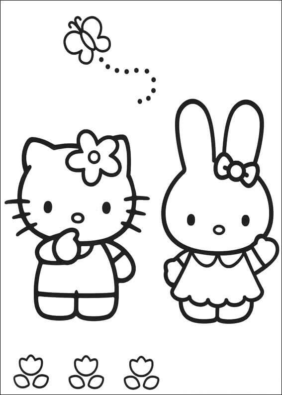 Dibujo de Hello Kitty y Conejo para Colorear