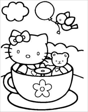 Dibujo de Hello Kitty y Teddy Bear en Taza para Colorear