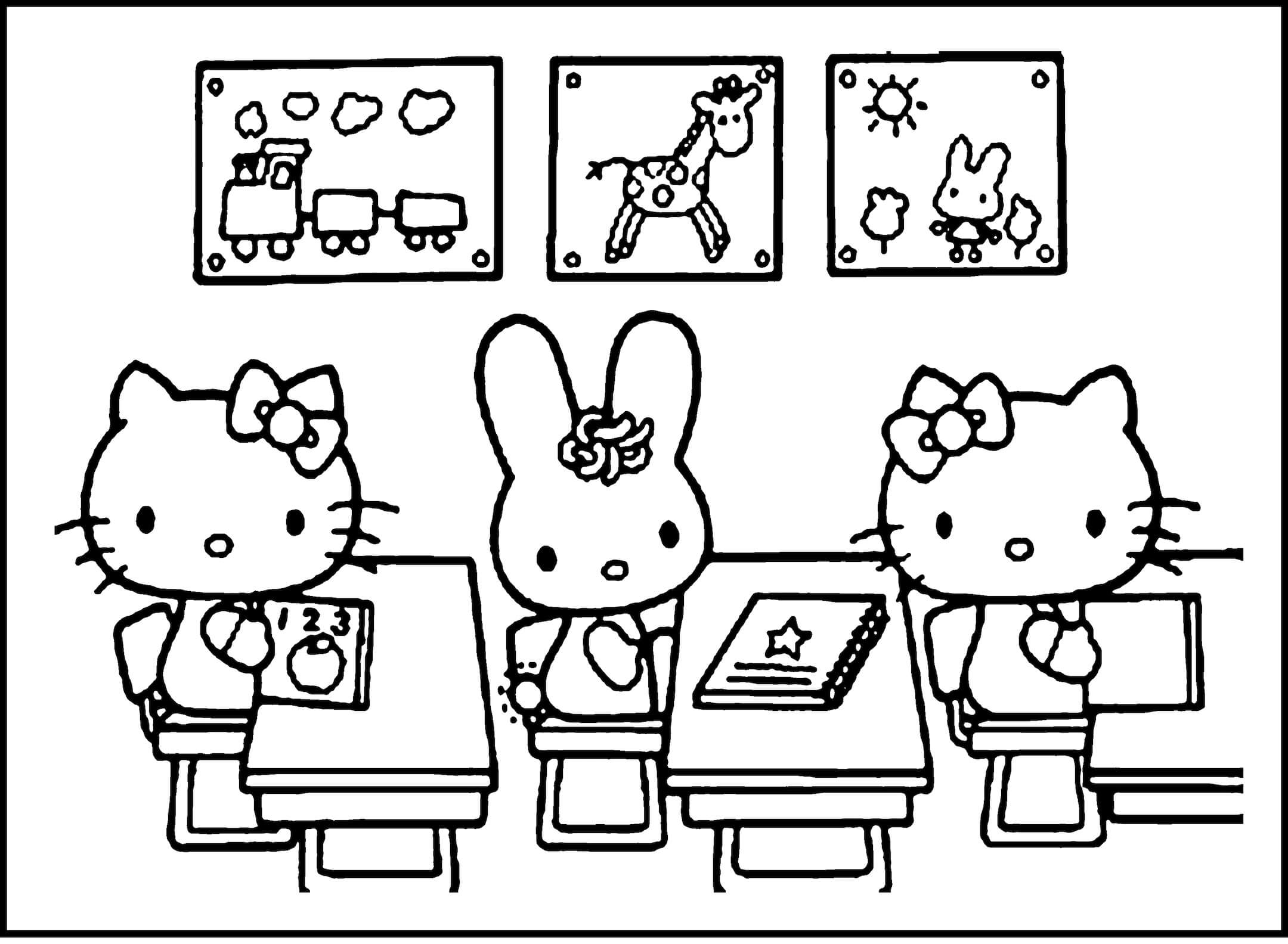 Dibujo de Hello Kitty y Sus Amigas Sentadas en el salón de Clases para Colorear