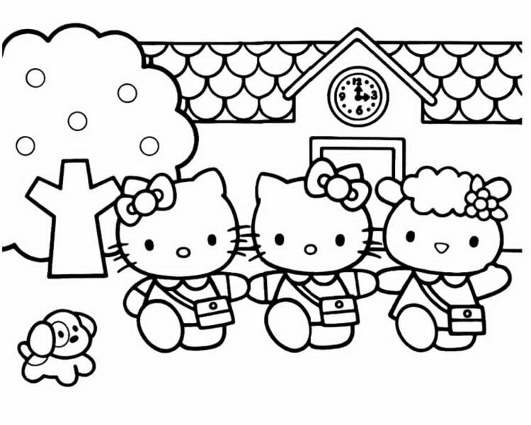 Dibujo de Hello Kitty y Sus Amigos Van a la Escuela para Colorear