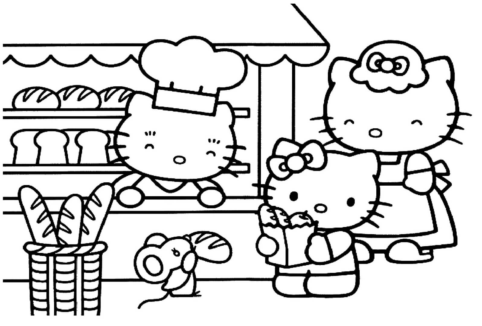 Dibujo de La Familia de Hello Kitty en la Panaderia para Colorear