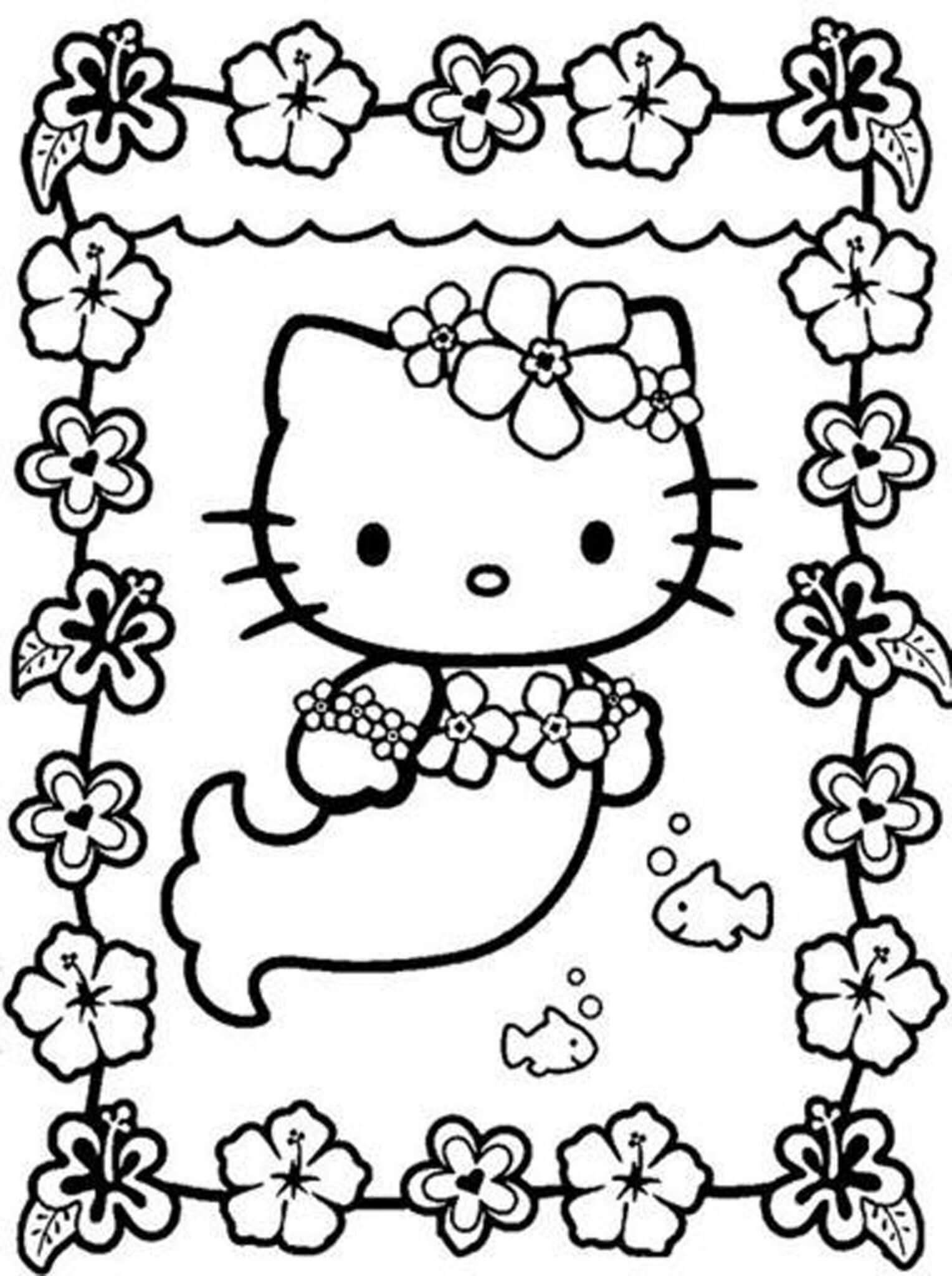 Dibujo de Sirena Hello Kitty con Flores para Colorear