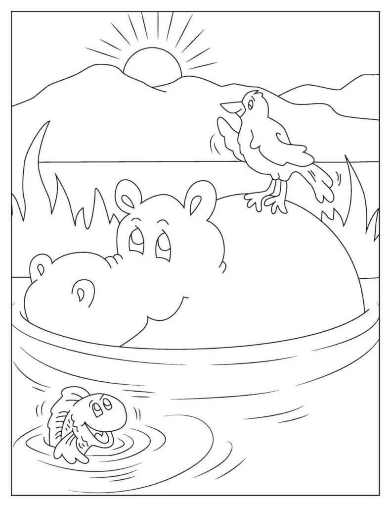 Dibujo de Hipopótamo con pájaro y Pescado para Colorear
