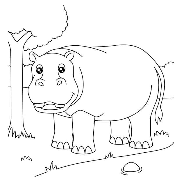 Dibujo de Hipopótamo y árbol para Colorear