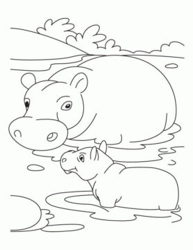 Dibujo de Linda Madre hipopótamo y bebé hipopótamo para Colorear