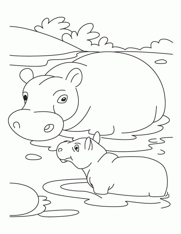 Dibujo de Linda Madre hipopótamo y bebé hipopótamo para Colorear