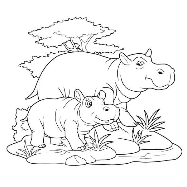 Dibujo de Madre hipopótamo básica y bebé hipopótamo para Colorear