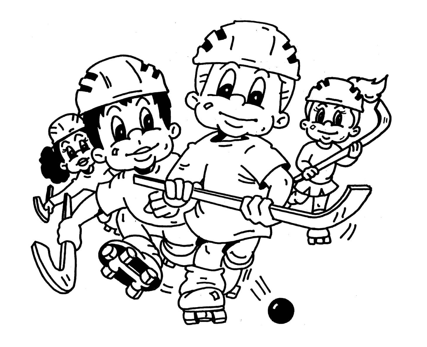 Dibujo de Cuatro Nios Jugando Hockey para Colorear