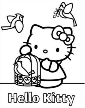 Dibujo de Hola Gatita con pájaros para Colorear