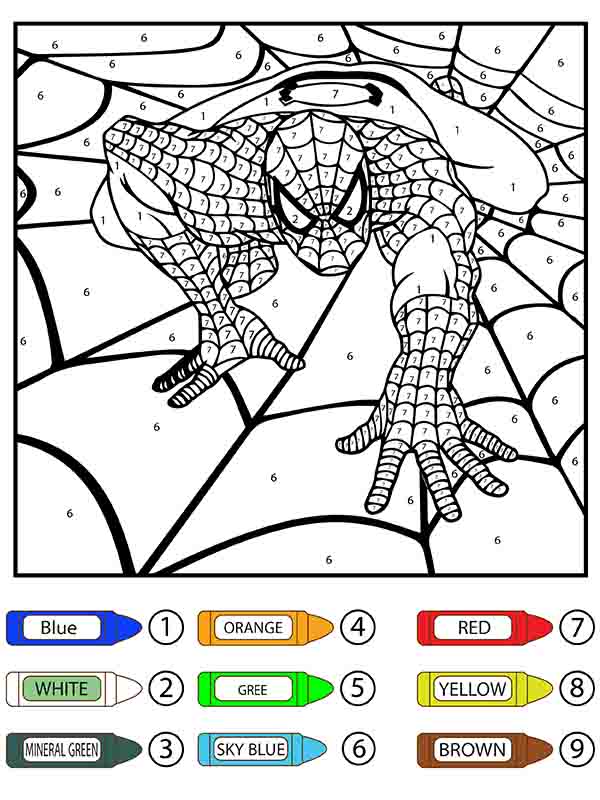 Dibujo de Hombre araña Arrastrandose en la Telarana Colorier por número página para Colorear