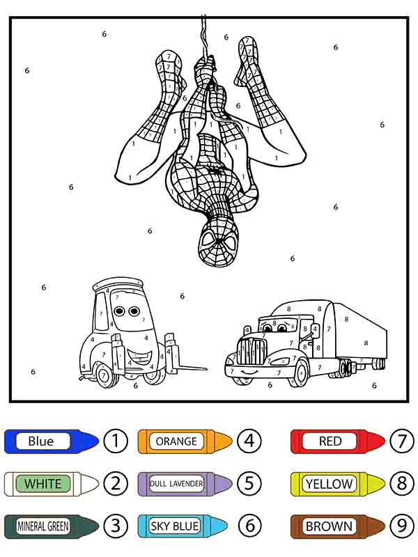 Dibujo de Hombre araña Colgando Boca Abajo y vehículos Lego Colorier por número página para Colorear