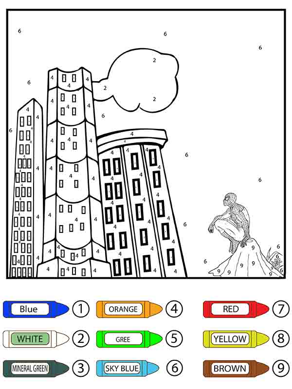 Dibujo de Hombre araña Mirando los Edificios Color por número página para Colorear