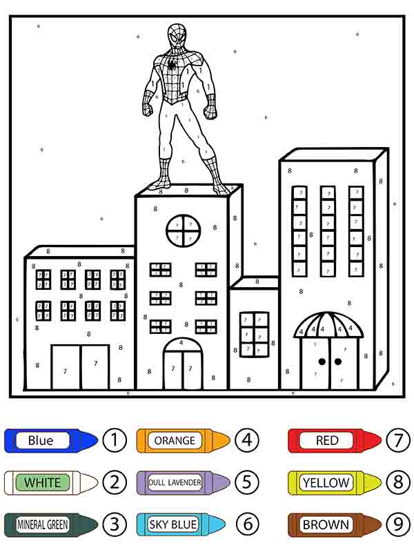 Dibujo de Hombre araña Parado en la Parte Superior del Edificio Color por número página para Colorear