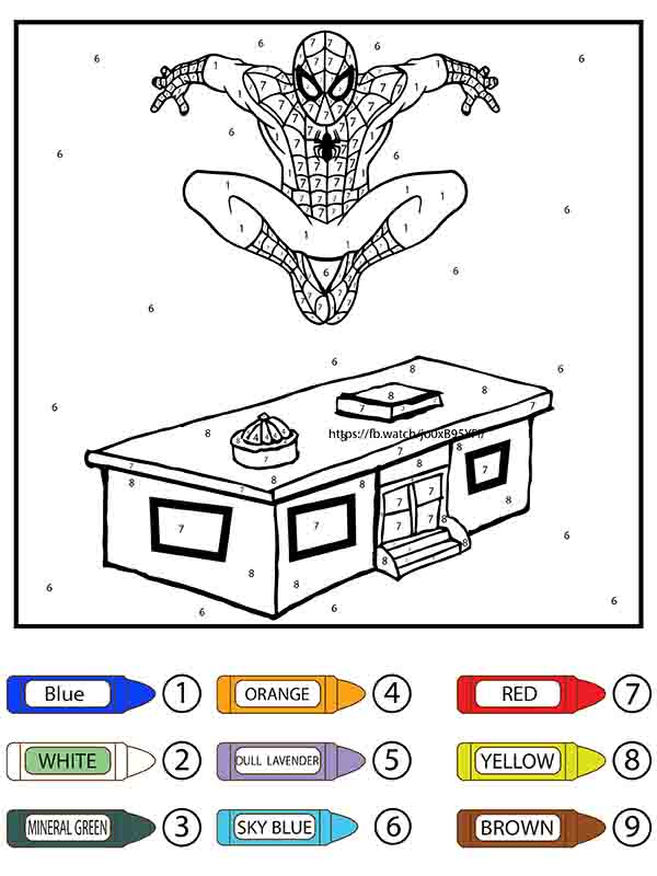 Dibujo de Hombre araña Saltando Encima de la Casa Colorier por número página para Colorear
