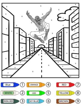 Dibujo de Hombre araña Saltando en la Carretera Colorier por número página para Colorear