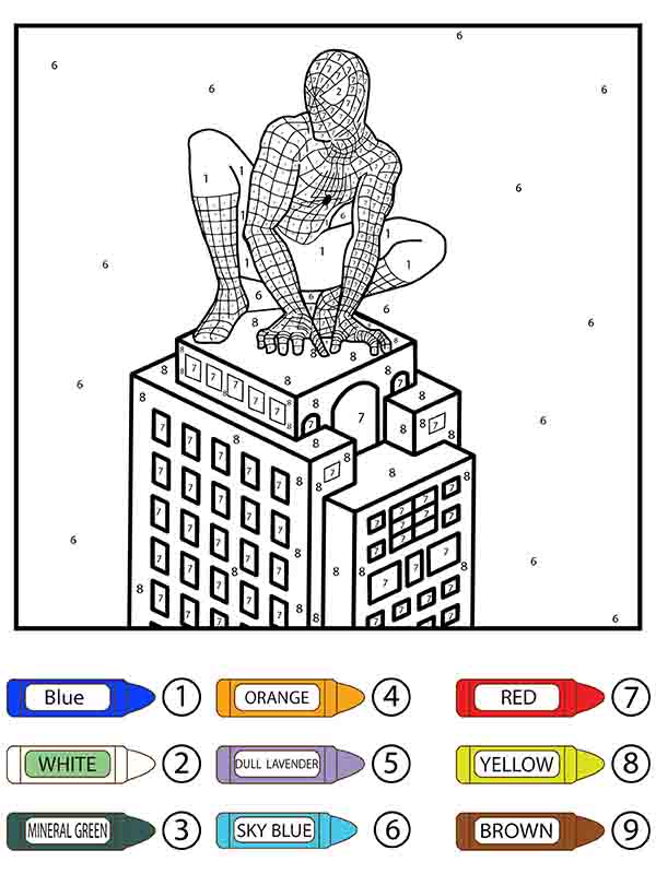 Dibujo de Hombre araña en la Parte Superior del Edificio Colorier por número página para Colorear