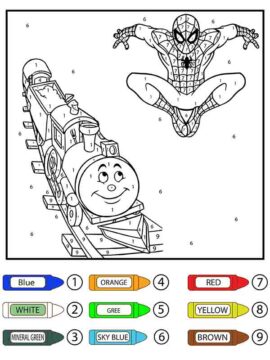 Dibujo de Hombre araña Sobre el Tren Colorear por número página para Colorear