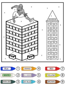 Dibujo de Hombre araña y Edificios Colorier por número página para Colorear