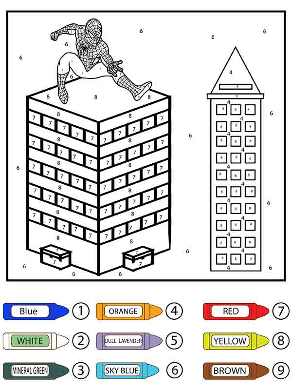 Dibujo de Hombre araña y Edificios Colorier por número página para Colorear