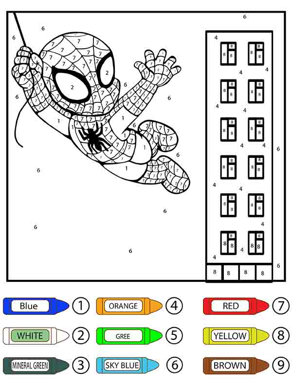 Dibujo de Lindo Hombre araña Balanceandose Colorear por número página para Colorear