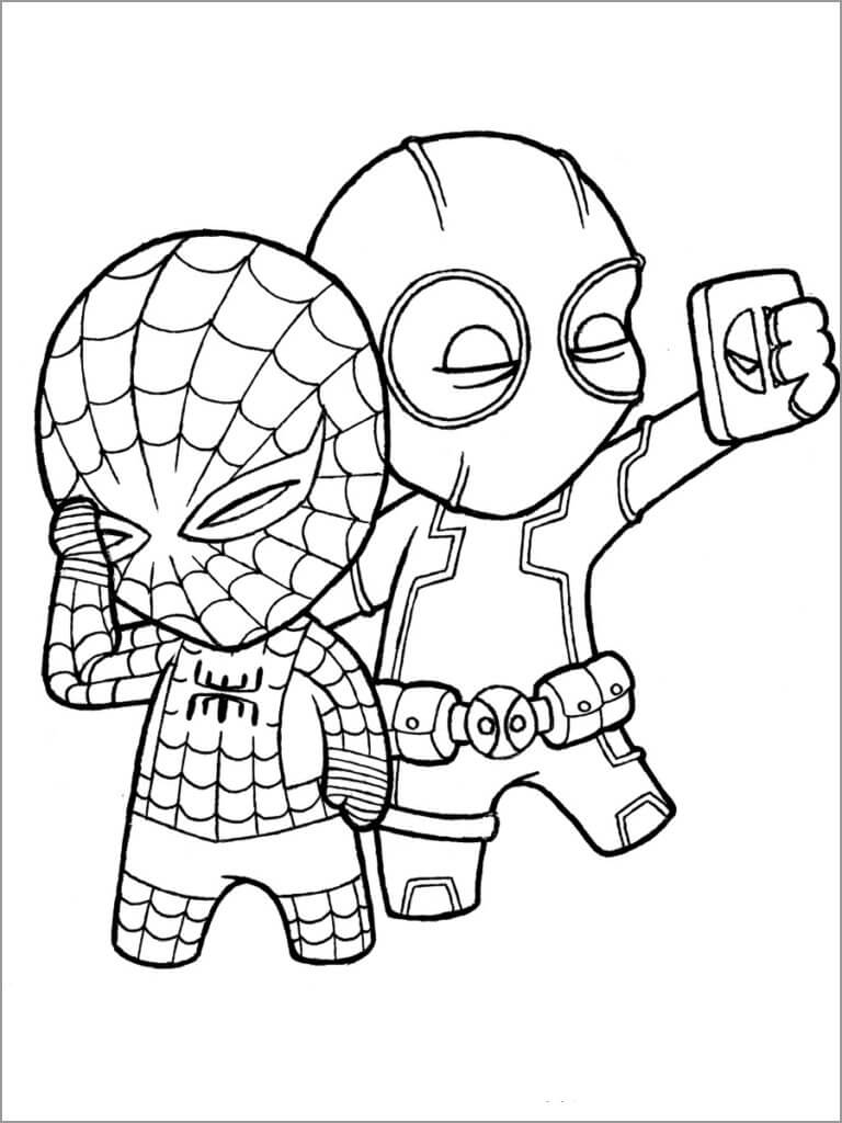 Dibujo de Chibi Deadpool y Spiderman Selfies para Colorear