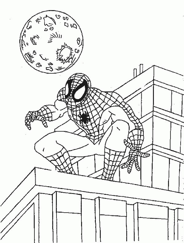 Dibujo de Hombre araña en la Ciudad con Luna para Colorear