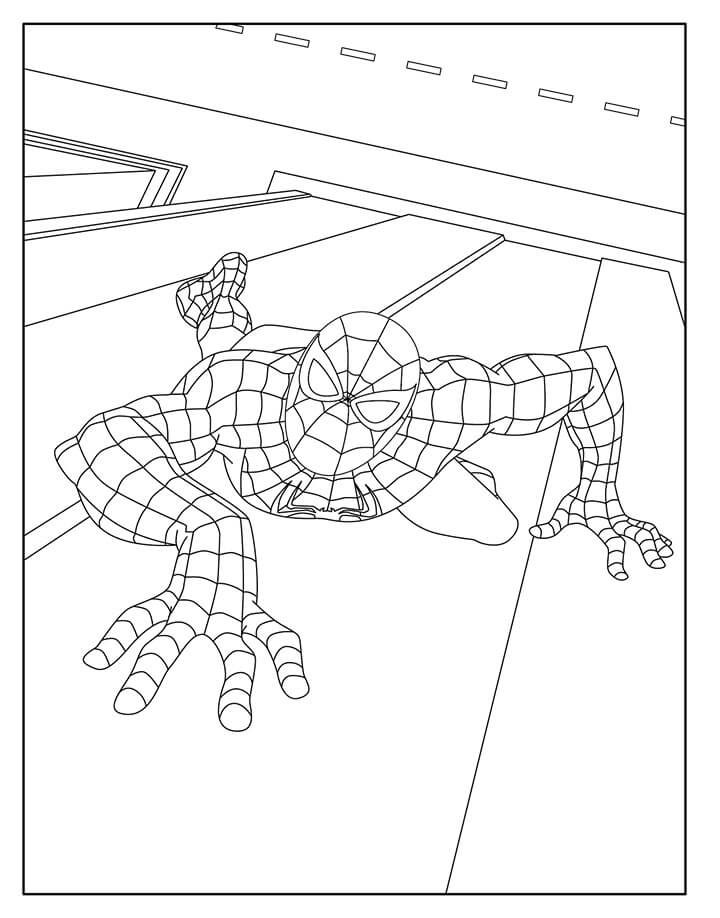 Dibujo de Hombre araña Escalando en la Ciudad para Colorear