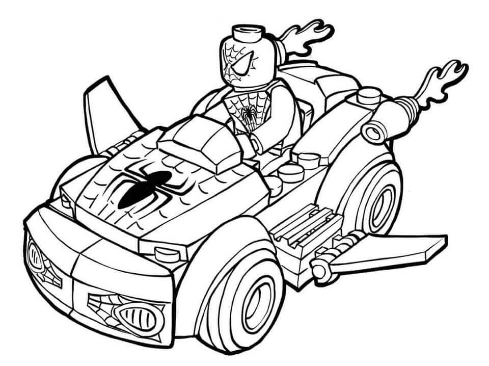 Dibujo de Lego Hombre araña Conducir Coche para Colorear