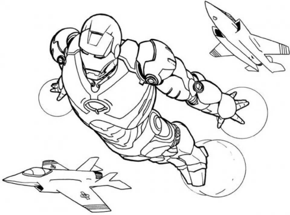 Dibujo de Ironman Volando con Dos Aviones a reacción para Colorear