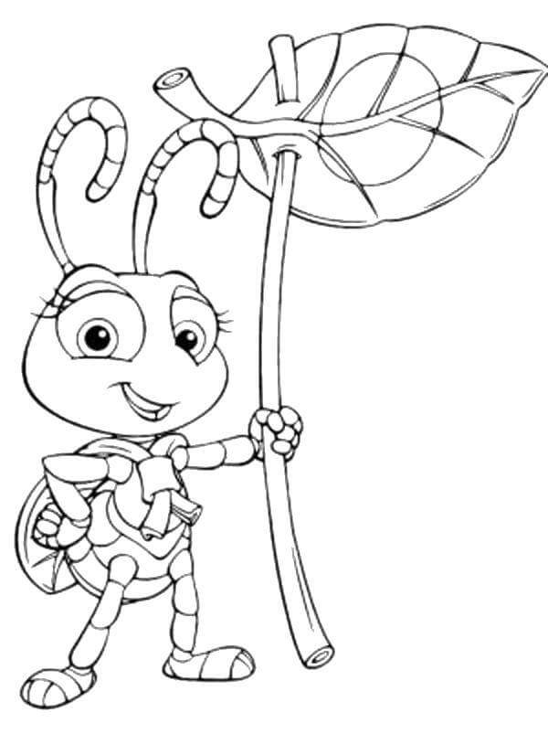 Dibujo de Hormiga Divertida Sosteniendo Hoja para Colorear