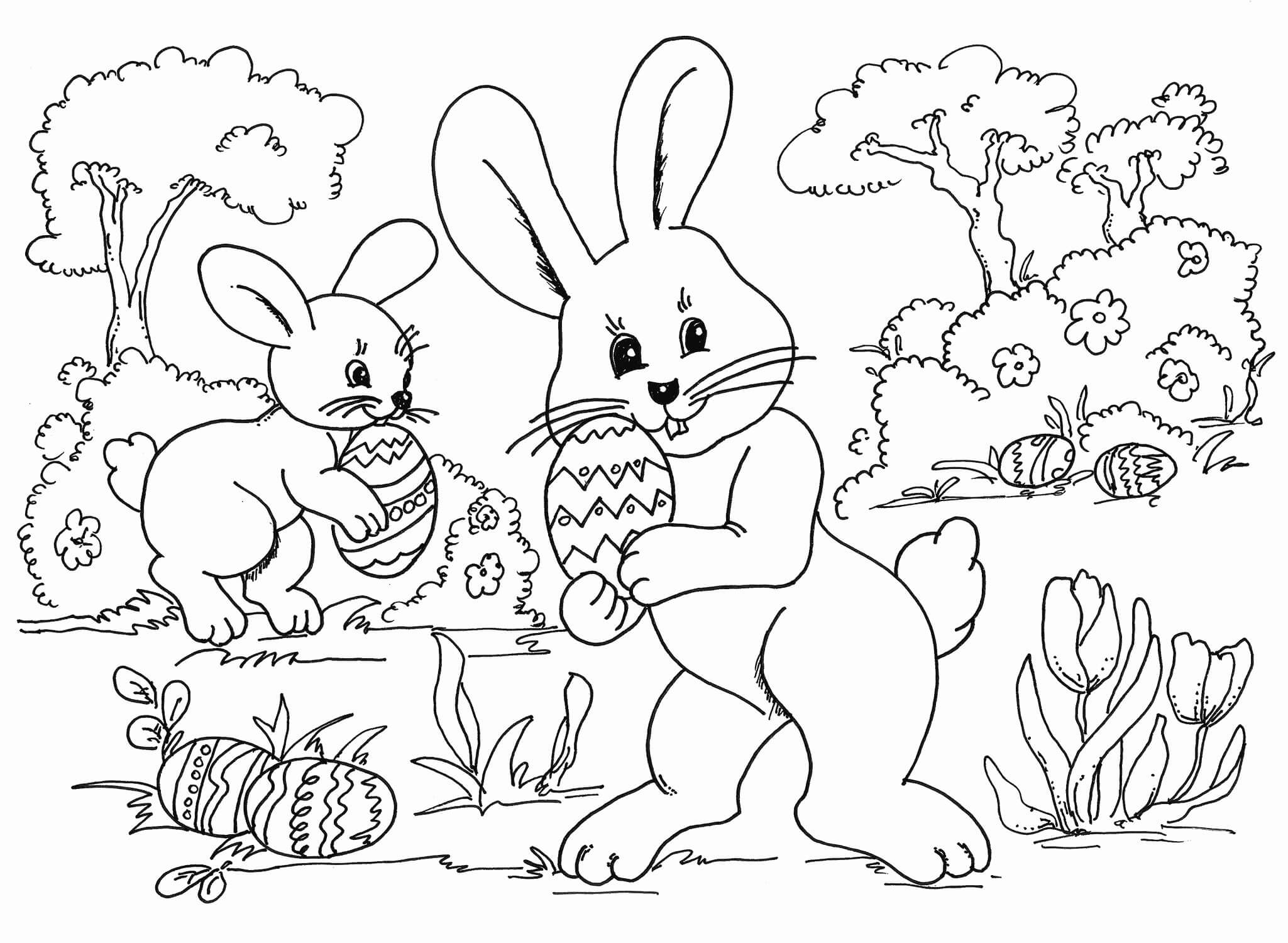 Dibujo de Dos Conejitos con Huevo de Pascua para Colorear