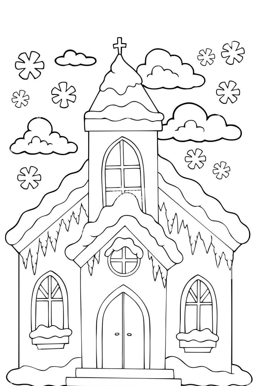 Dibujo de Iglesia en Invierno para Colorear