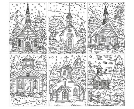 Dibujo de Seis Iglesia Bajo la Nieve para Colorear