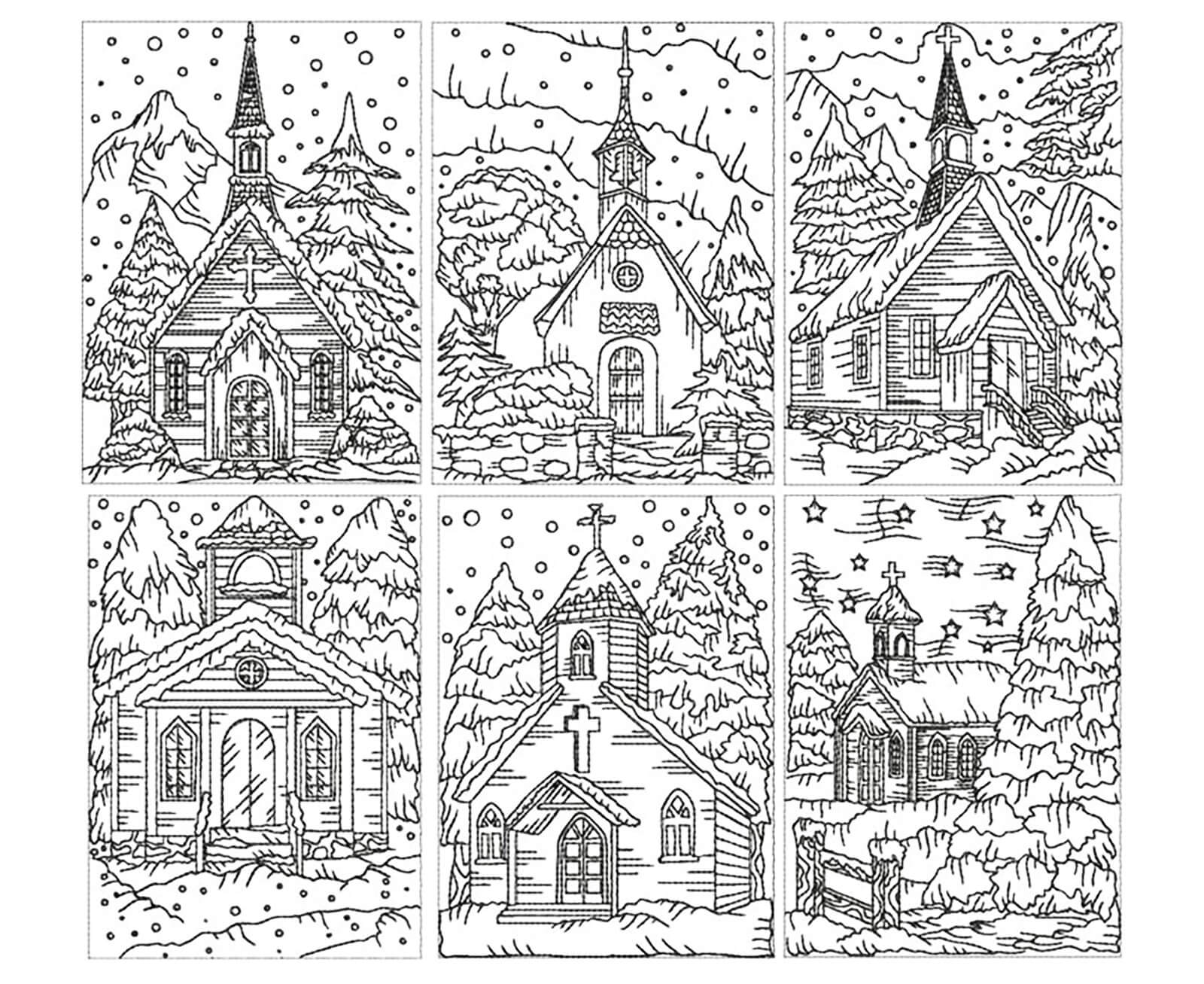 Dibujo de Seis Iglesia Bajo la Nieve para Colorear