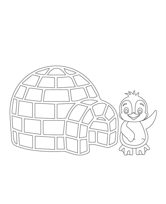 Dibujo de Iglu y pingüino Sonriente para Colorear