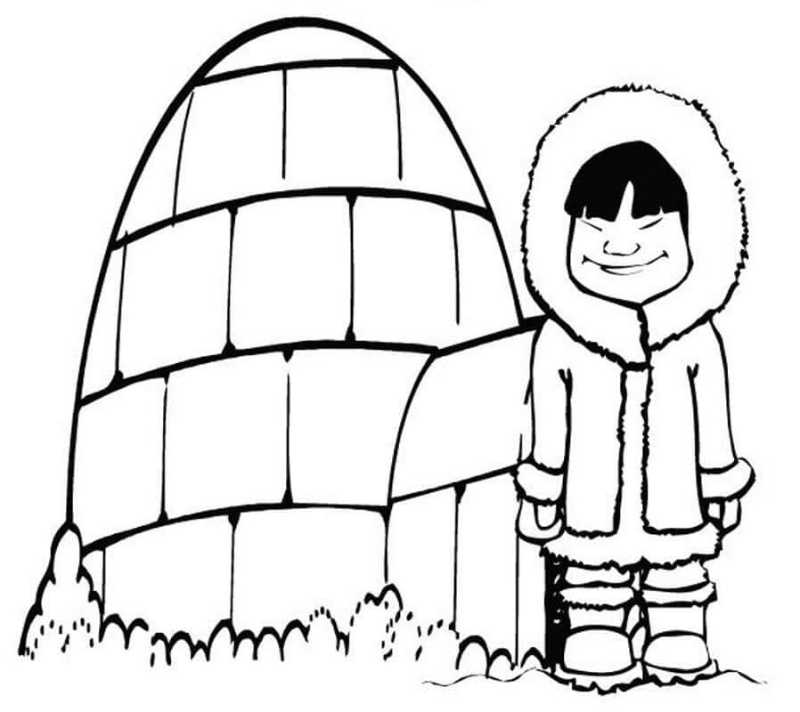 Dibujo de Niño Sonriente con Iglu para Colorear