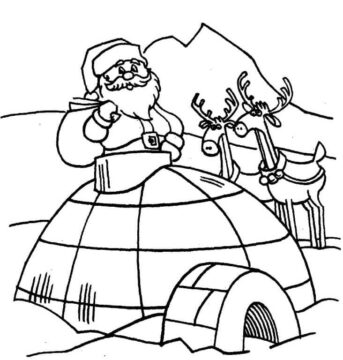 Dibujo de Papa Noel y Dos Renos con Igloo para Colorear