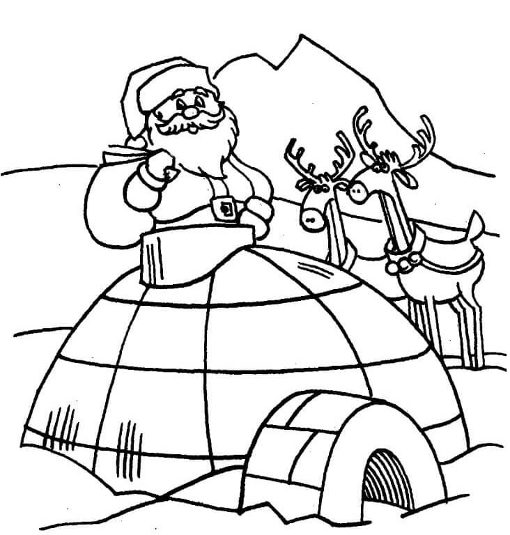 Dibujo de Papa Noel y Dos Renos con Igloo para Colorear