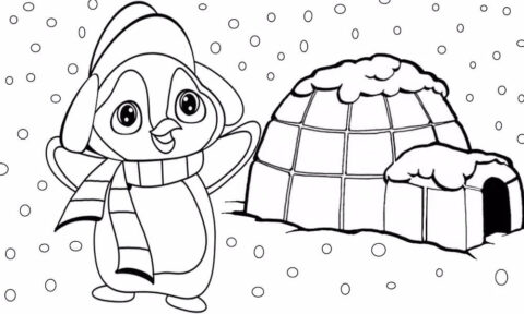 Dibujo de Pingüino de Dibujos Animados e Iglu para Colorear