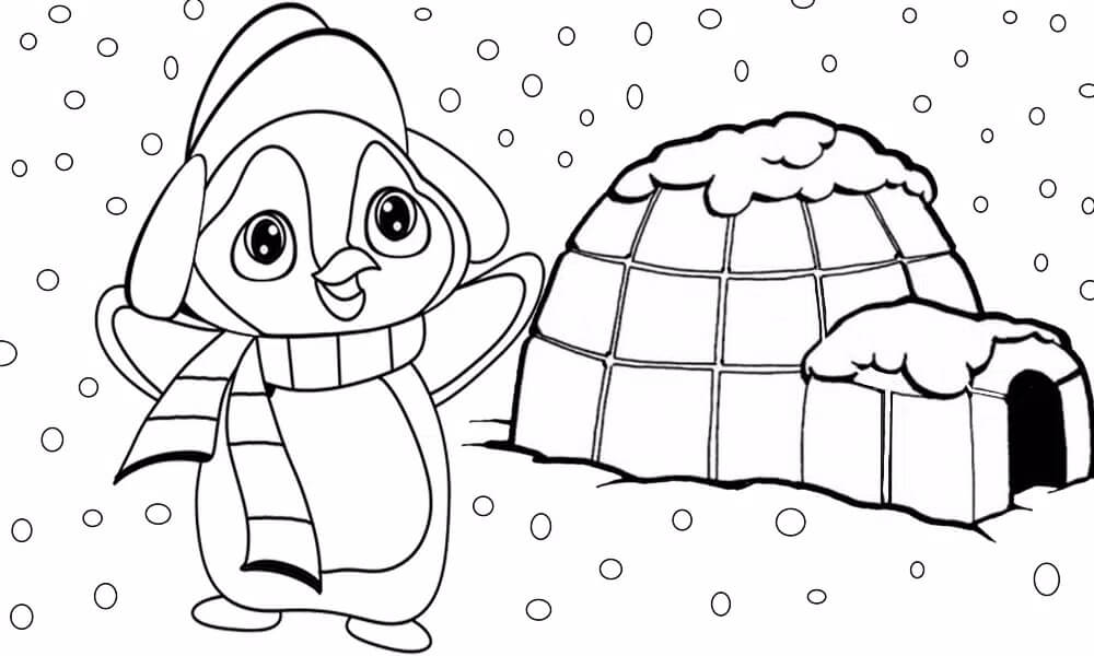 Dibujo de Pingüino de Dibujos Animados e Iglu para Colorear
