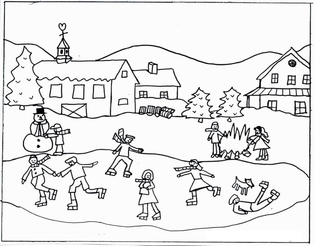 Dibujo de Escena de Invierno de Patinaje Sobre Hielo para Colorear