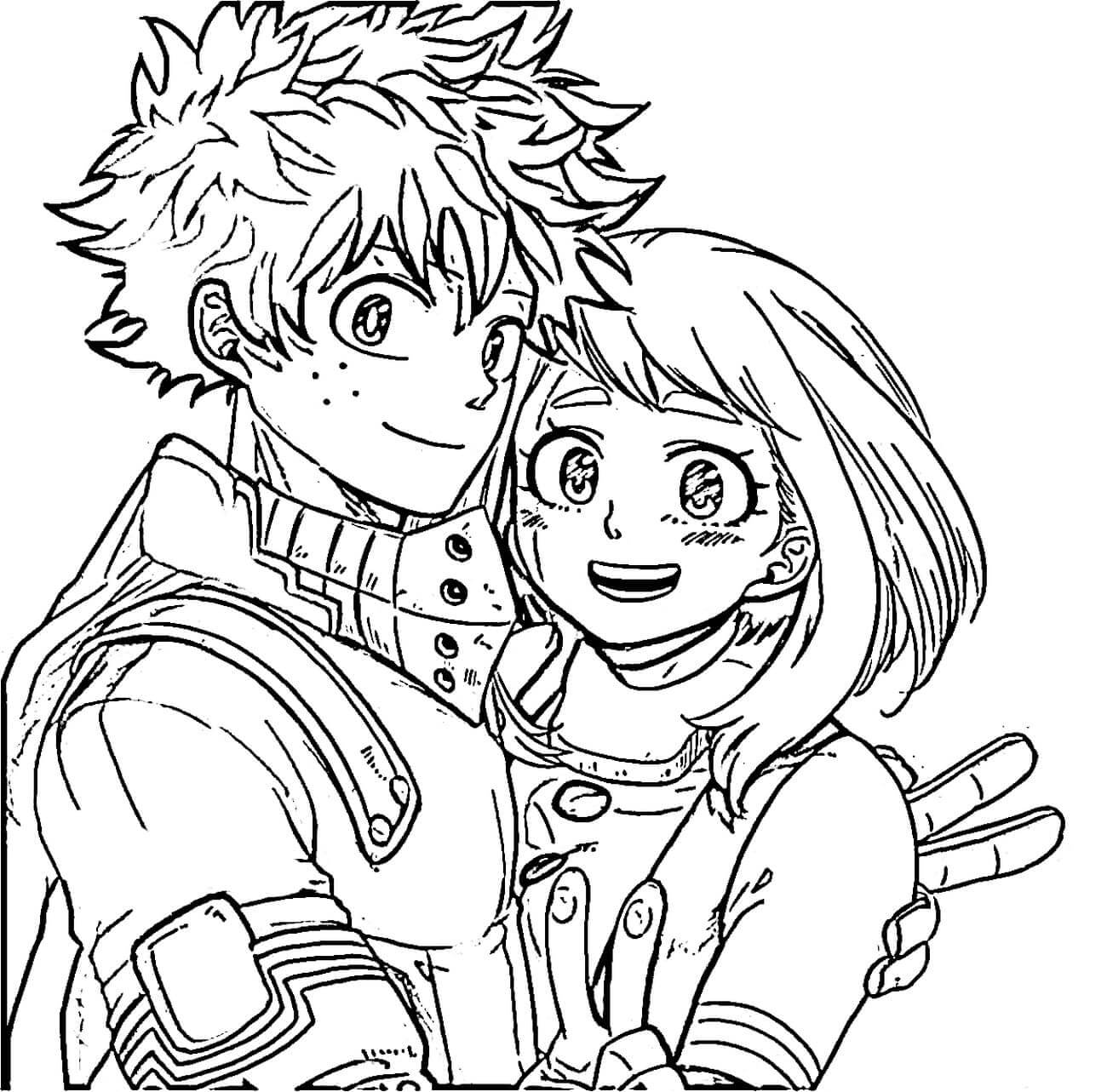 Dibujo de Deku Abrazandose Ochako Uraraka para Colorear