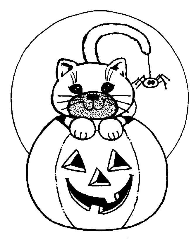 Dibujo de Jack o Lantern con Gato para Colorear